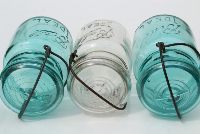 photo of antique vintage glass canning jars w/ 1908 patent dates, bail lid blue glass Ball jars #8