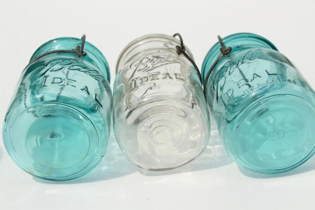 photo of antique vintage glass canning jars w/ 1908 patent dates, bail lid blue glass Ball jars #9