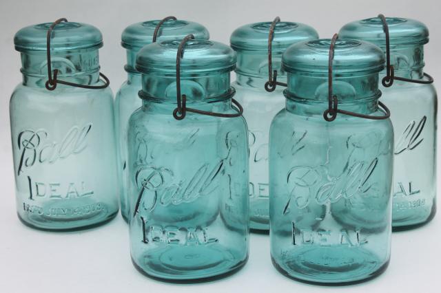 photo of antique vintage glass canning jars w/ 1908 patent dates, bail lid blue glass Ball jars #1