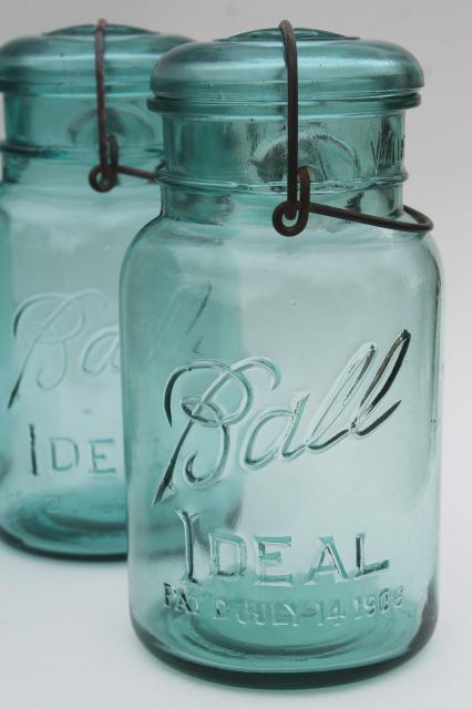 photo of antique vintage glass canning jars w/ 1908 patent dates, bail lid blue glass Ball jars #2