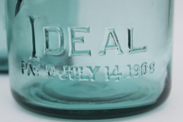 photo of antique vintage glass canning jars w/ 1908 patent dates, bail lid blue glass Ball jars #3