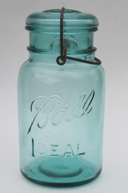 photo of antique vintage glass canning jars w/ 1908 patent dates, bail lid blue glass Ball jars #4