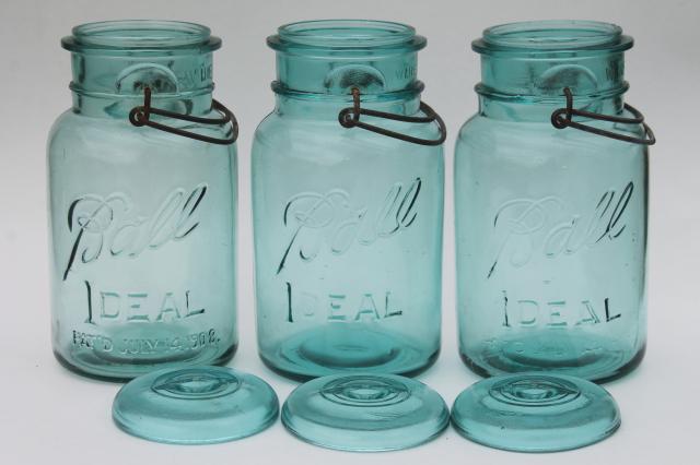 photo of antique vintage glass canning jars w/ 1908 patent dates, bail lid blue glass Ball jars #5