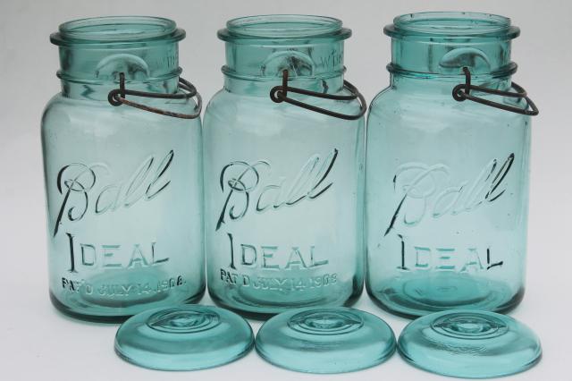 photo of antique vintage glass canning jars w/ 1908 patent dates, bail lid blue glass Ball jars #6