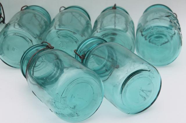 photo of antique vintage glass canning jars w/ 1908 patent dates, bail lid blue glass Ball jars #7