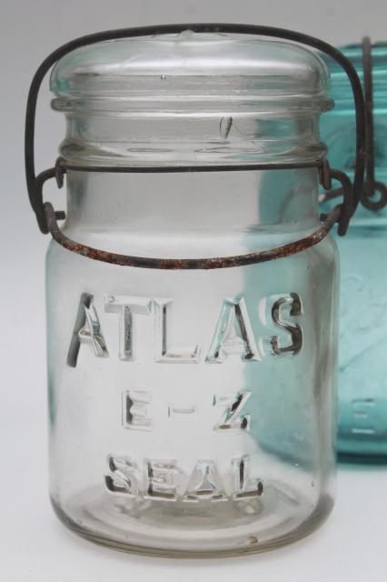 photo of antique vintage glass canning jars w/ 1908 patent dates, bail lid blue glass Ball jars #2