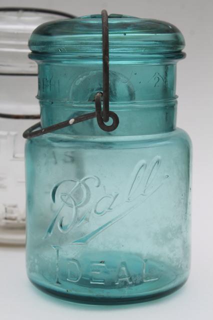 photo of antique vintage glass canning jars w/ 1908 patent dates, bail lid blue glass Ball jars #3