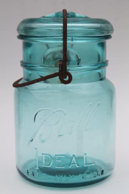 photo of antique vintage glass canning jars w/ 1908 patent dates, bail lid blue glass Ball jars #4