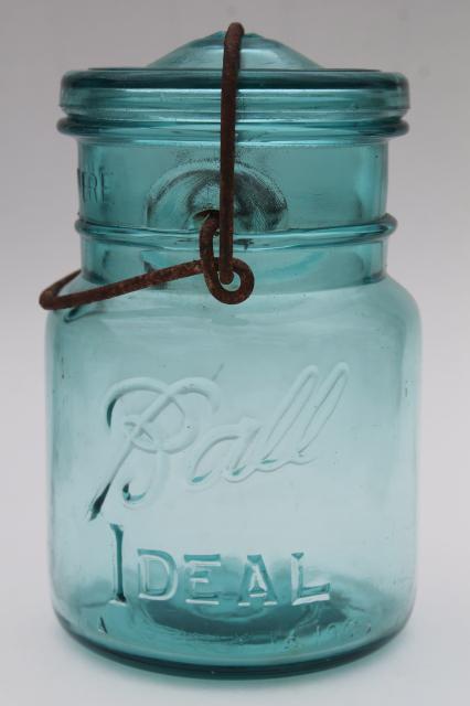 photo of antique vintage glass canning jars w/ 1908 patent dates, bail lid blue glass Ball jars #5