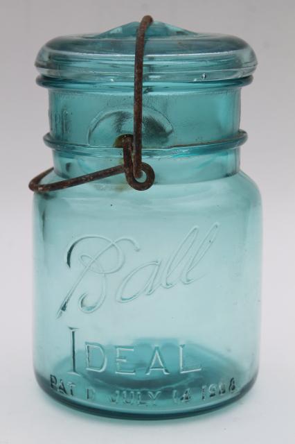 photo of antique vintage glass canning jars w/ 1908 patent dates, bail lid blue glass Ball jars #6