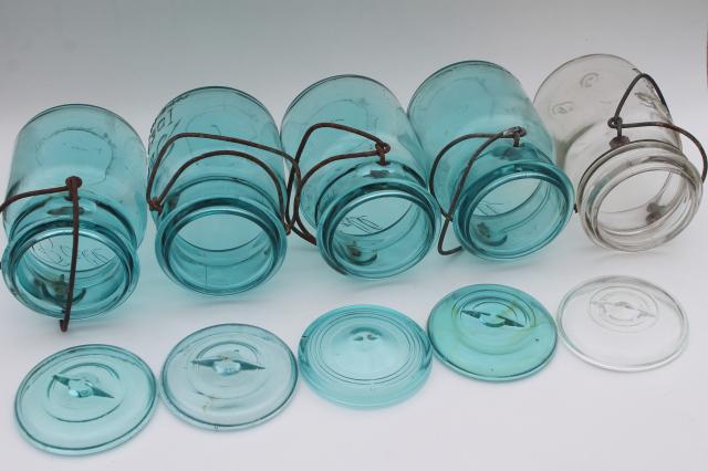 photo of antique vintage glass canning jars w/ 1908 patent dates, bail lid blue glass Ball jars #8