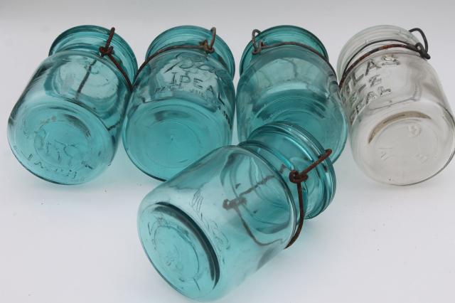 photo of antique vintage glass canning jars w/ 1908 patent dates, bail lid blue glass Ball jars #9