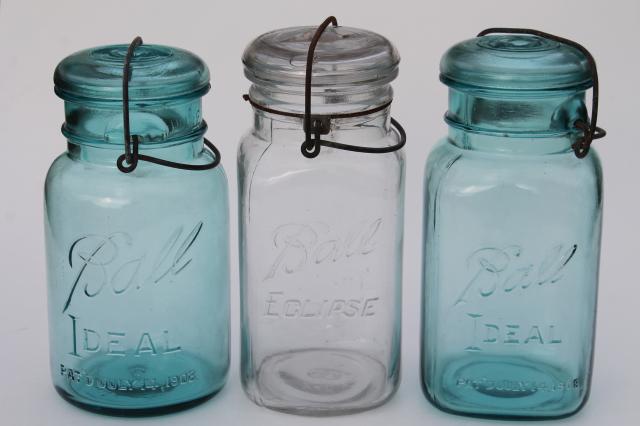 photo of antique vintage glass canning jars w/ 1908 patent dates, round & square blue glass Ball jars #1