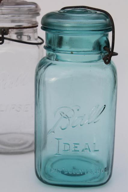 photo of antique vintage glass canning jars w/ 1908 patent dates, round & square blue glass Ball jars #2