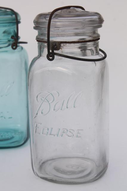 photo of antique vintage glass canning jars w/ 1908 patent dates, round & square blue glass Ball jars #3