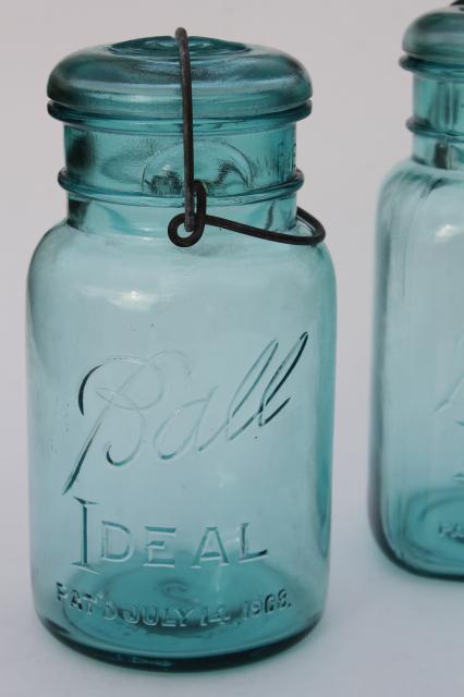 photo of antique vintage glass canning jars w/ 1908 patent dates, round & square blue glass Ball jars #4