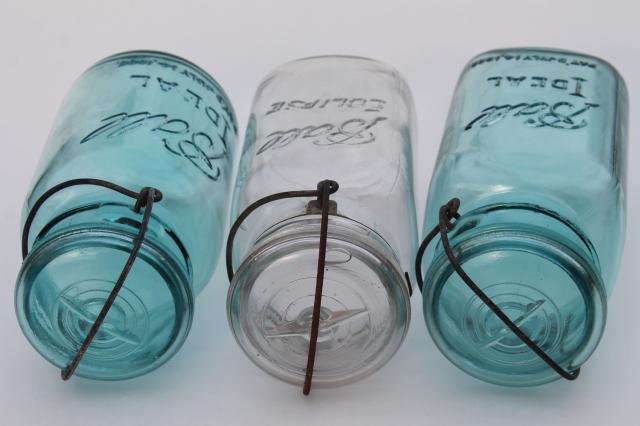 photo of antique vintage glass canning jars w/ 1908 patent dates, round & square blue glass Ball jars #5