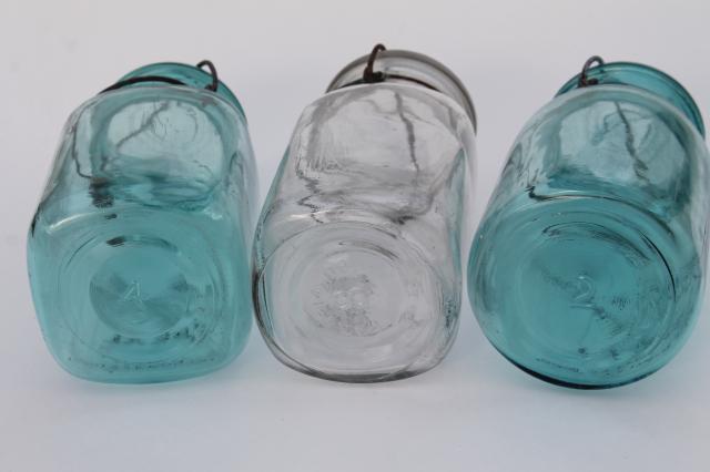 photo of antique vintage glass canning jars w/ 1908 patent dates, round & square blue glass Ball jars #6