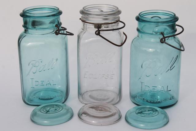 photo of antique vintage glass canning jars w/ 1908 patent dates, round & square blue glass Ball jars #7