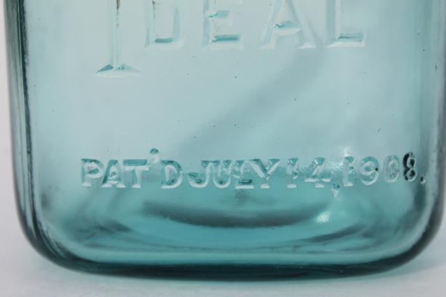 photo of antique vintage glass canning jars w/ 1908 patent dates, round & square blue glass Ball jars #8