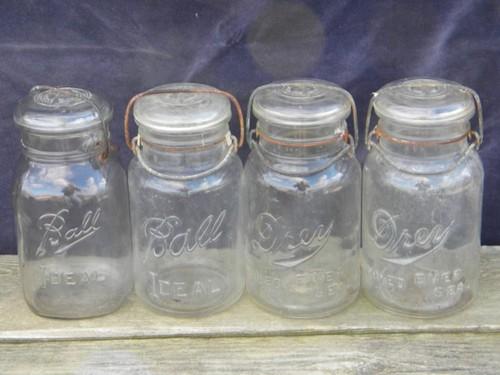 photo of antique vintage glass fruit jars lot, old lightning bail lids w/ glass covers #1