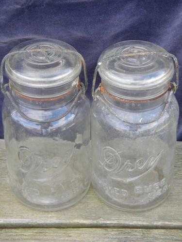 photo of antique vintage glass fruit jars lot, old lightning bail lids w/ glass covers #2