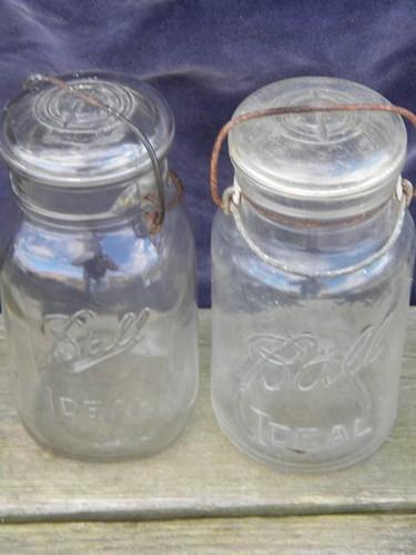 photo of antique vintage glass fruit jars lot, old lightning bail lids w/ glass covers #3