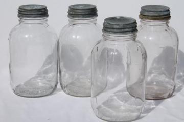 catalog photo of antique vintage glass jar lot w/ old zinc lids, large food bottles / canning jars