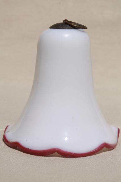 photo of antique vintage glass smoke bell for old oil lamp, cranberry crest edge milk glass #1