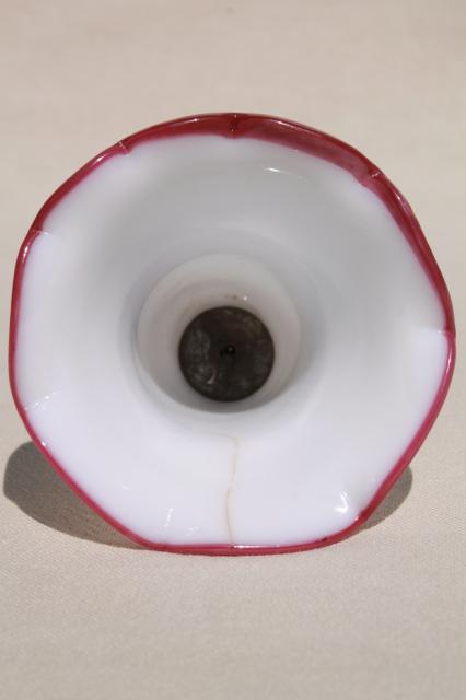 photo of antique vintage glass smoke bell for old oil lamp, cranberry crest edge milk glass #3
