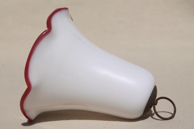 photo of antique vintage glass smoke bell for old oil lamp, cranberry crest edge milk glass #4