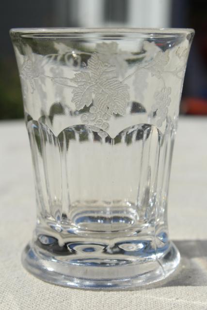 photo of antique vintage glass tumblers, tiny cordial glasses heavy pressed glass w/ etched grapes #3