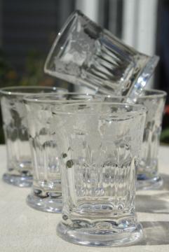 catalog photo of antique vintage glass tumblers, tiny cordial glasses heavy pressed glass w/ etched grapes