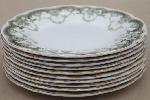 photo of antique vintage green transferware china plates, Marie pattern English Staffordshire #2