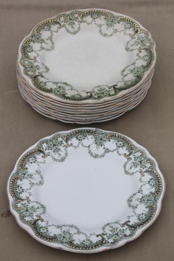 photo of antique vintage green transferware china plates, Marie pattern English Staffordshire #3