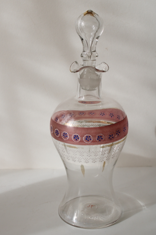 photo of antique vintage hand blown glass decanter bottle w/ stopper, Victorian painted glass #1