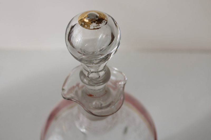 photo of antique vintage hand blown glass decanter bottle w/ stopper, Victorian painted glass #2