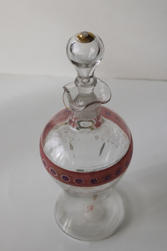 photo of antique vintage hand blown glass decanter bottle w/ stopper, Victorian painted glass #7