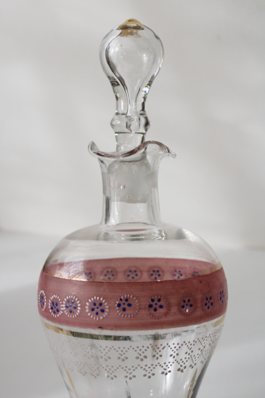 photo of antique vintage hand blown glass decanter bottle w/ stopper, Victorian painted glass #8