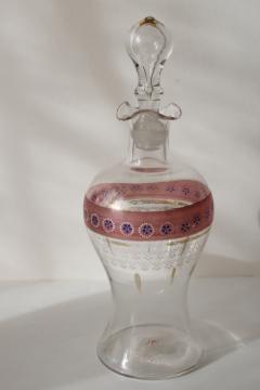 catalog photo of antique vintage hand blown glass decanter bottle w/ stopper, Victorian painted glass