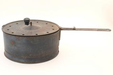 catalog photo of antique vintage hand crank pop corn popper, old Karo Mazola stove top popcorn popper