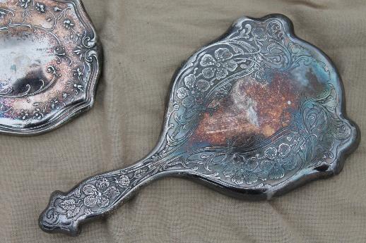 photo of antique vintage hand mirrors, tarnished worn silver w/ shabby silvered mirrors #3