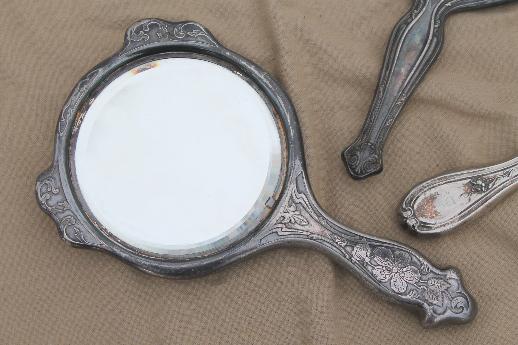 photo of antique vintage hand mirrors, tarnished worn silver w/ shabby silvered mirrors #4