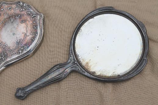 photo of antique vintage hand mirrors, tarnished worn silver w/ shabby silvered mirrors #6