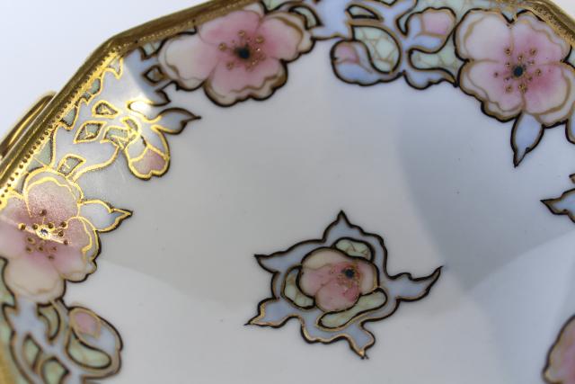 photo of antique vintage hand painted Nippon candy dish, art nouveau flowers gold moriage #5