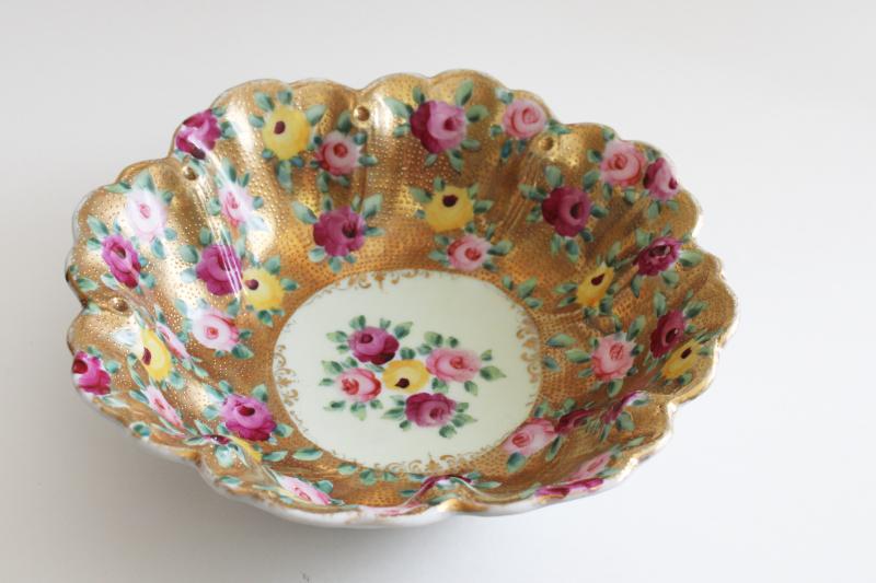 photo of antique vintage hand painted Nippon china, large bowl w/ roses & gold moriage #1