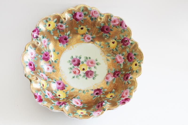 photo of antique vintage hand painted Nippon china, large bowl w/ roses & gold moriage #6