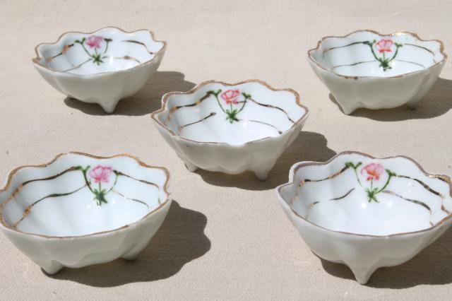 photo of antique vintage hand painted Nippon china nut dishes, tiny fluted porcelain bowls #1