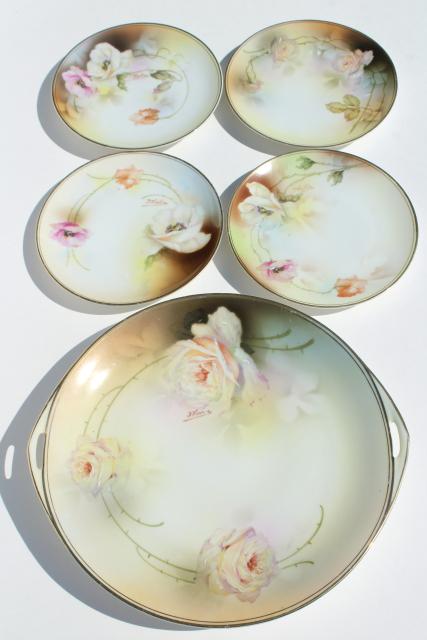 photo of antique vintage hand painted Prussia china dessert set, tray & cake plates #4