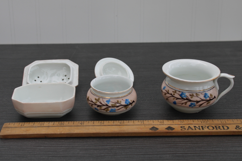 photo of antique vintage hand painted china dresser set for washstand, cup, soap dish, trinket box #2